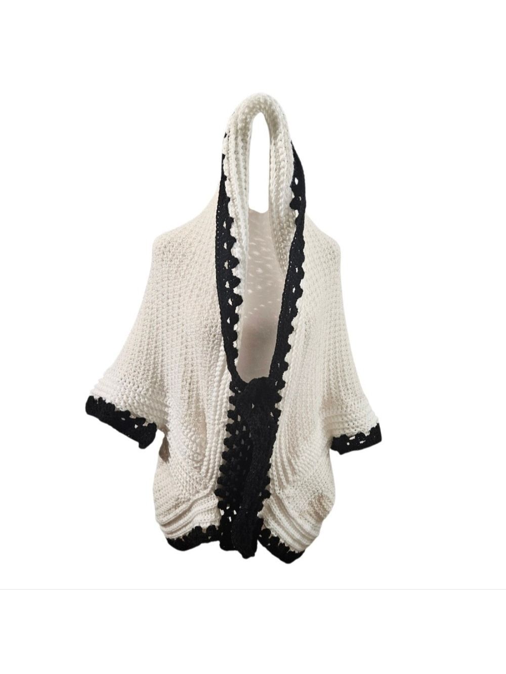 Handmade White Hand Knit Crochet Cocoon Cardigan Granny Square Black Open Front - Picture 5 of 17